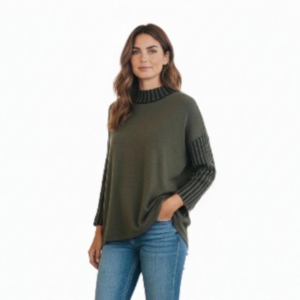 Army Green Merino Wool Mock Neck Drop Shoulder Ribbed Long Sleeve Sweater med